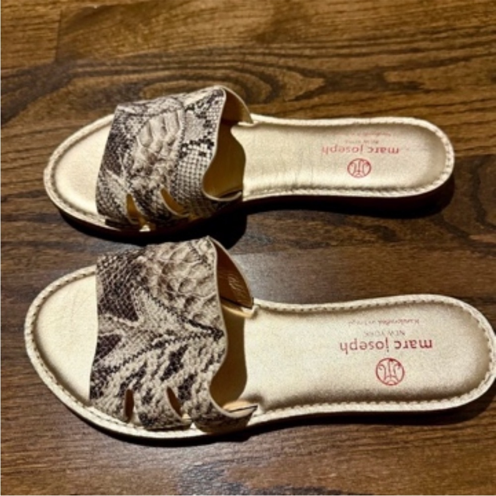 Marc Joseph Taupe Snake-Print Slide Sandals - Picture 3 of 5